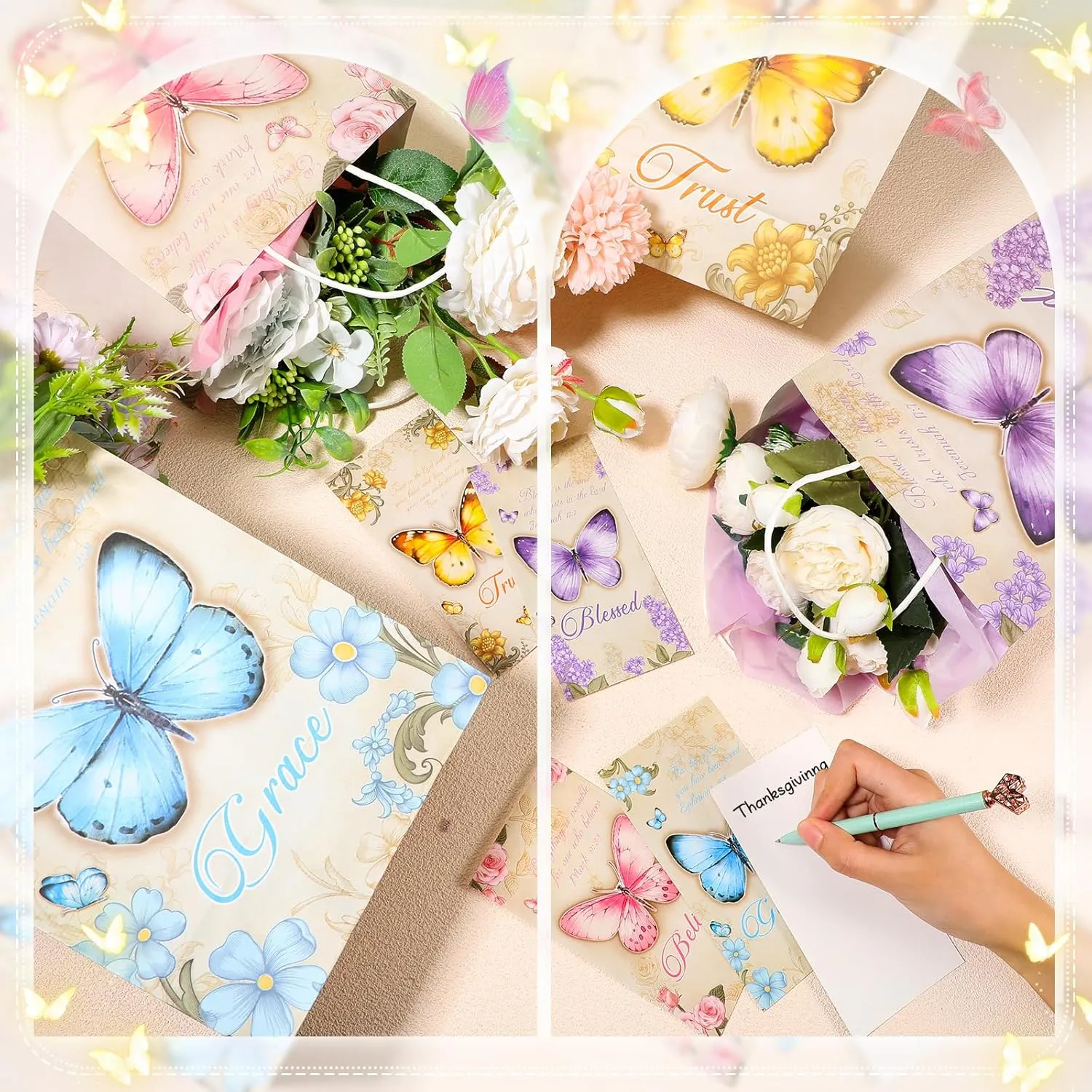 Qeeenar 72 Sets Mother's Day Gift for Church Christian Gift Bags Bulk Butterfly Religious Bible Verse Bags with Blessing Cards Tissue Paper for Mother's Day Baptism Church Wedding