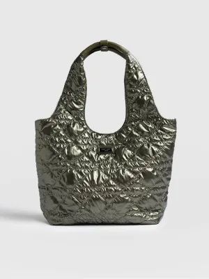 Quilted Stella Shoulder Tote Bag - Metallic Khaki