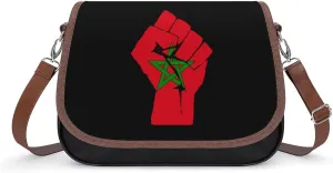 Raised Fist Morocco Flag Crossbody Bag Anti-Theft Side Shoulder Bags Adjustable Leather Messenger Bag Unisex