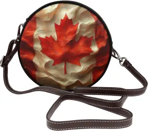 Realistic Canadian Flag Women Round Crossbody Bags Leather Sling Bag Purse