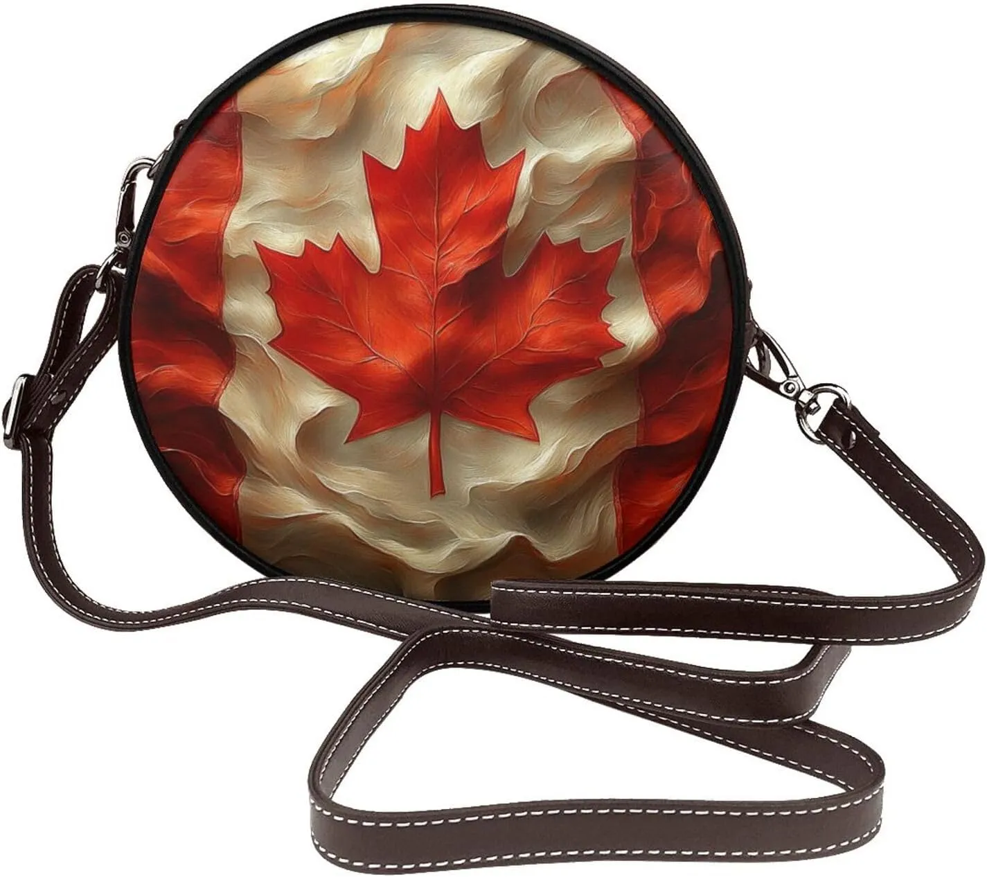 Realistic Canadian Flag Women Round Crossbody Bags Leather Sling Bag Purse