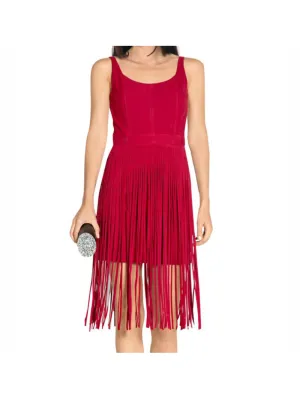 Red Fringe Scoop-Neck Suede Leather Dress