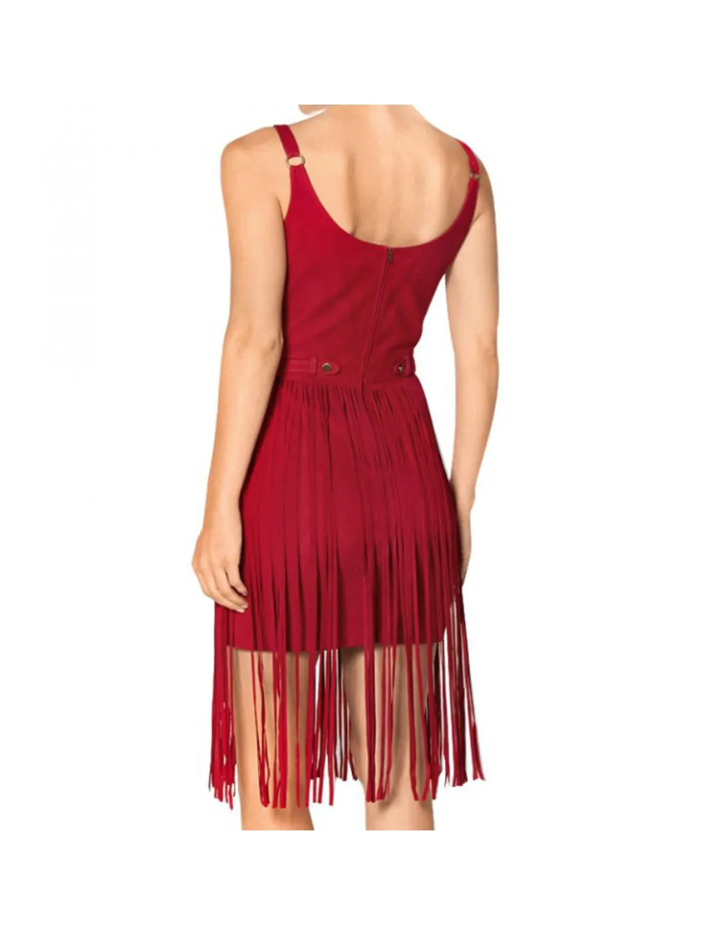 Red Fringe Scoop-Neck Suede Leather Dress