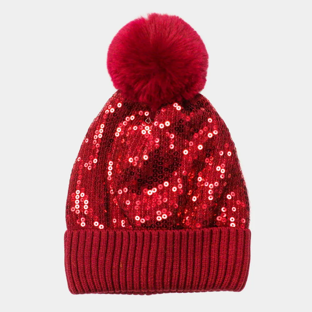 Red Sequin Embellished Pom Pom Beanie Hat