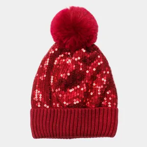 Red Sequin Embellished Pom Pom Beanie Hat