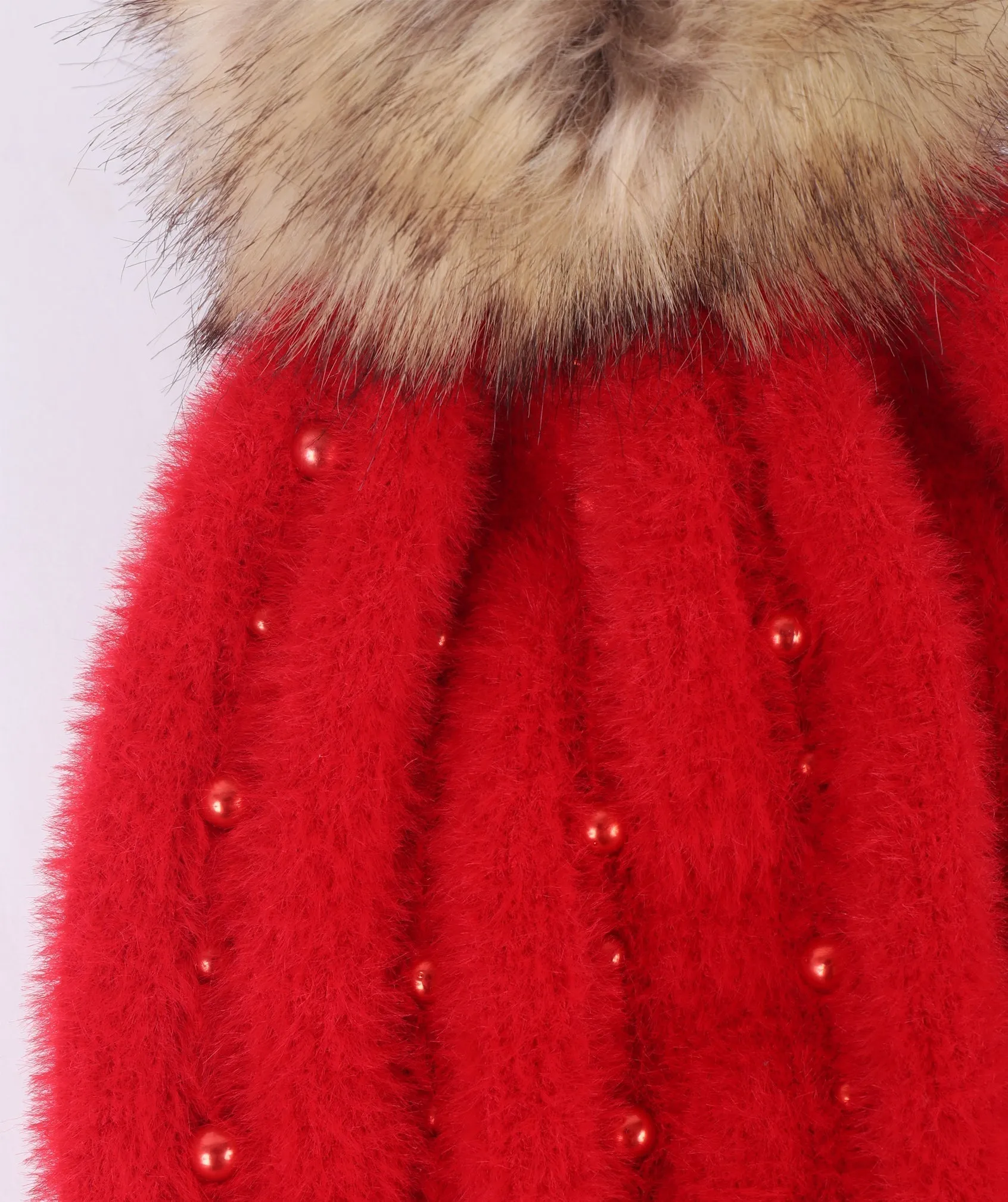 Red Soft Embellished Pom Pom Hat