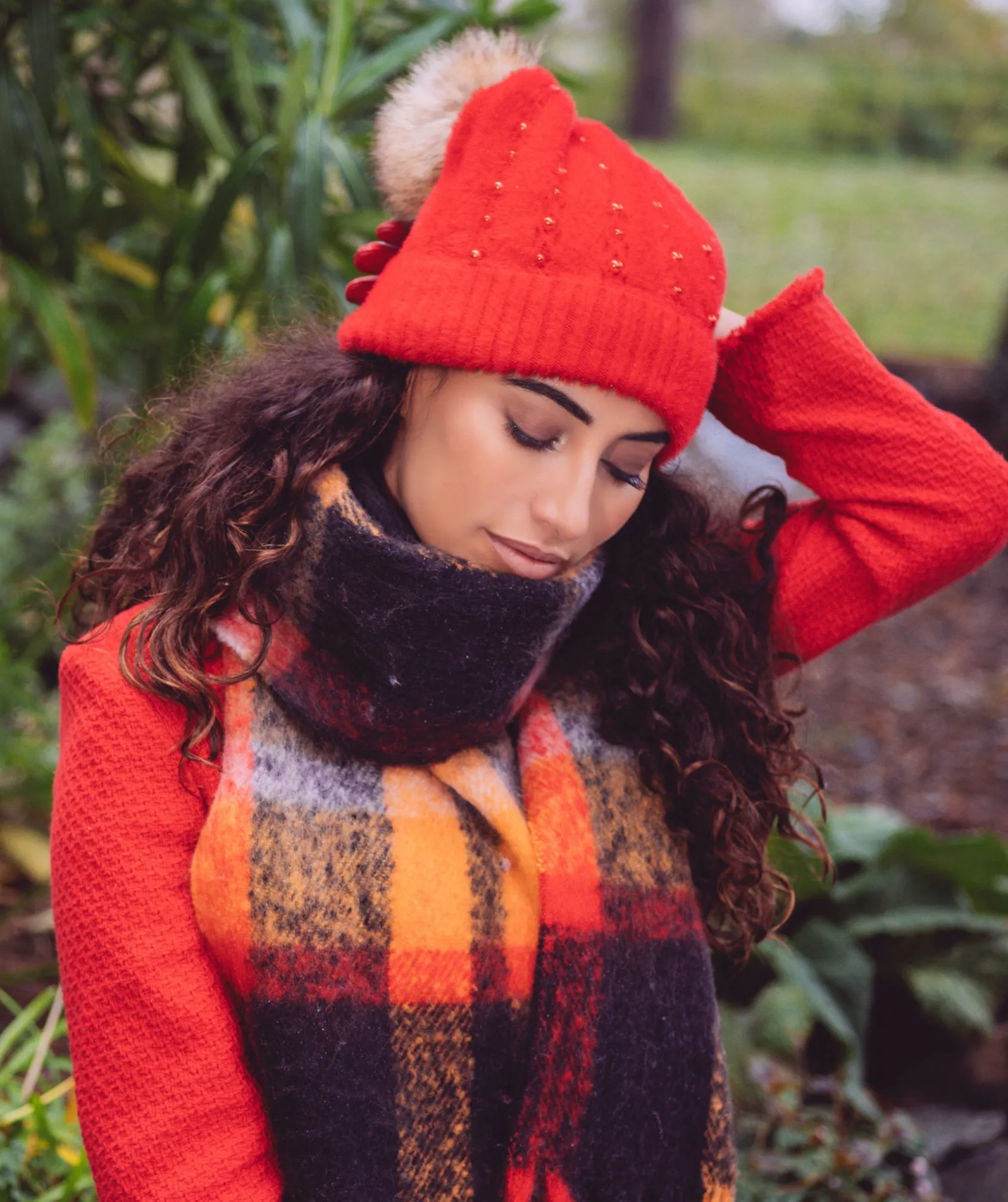 Red Soft Embellished Pom Pom Hat
