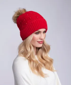 Red Soft Embellished Pom Pom Hat