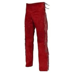 Red Suede Leather Fringe Pants For Men Western Pant MFP1123