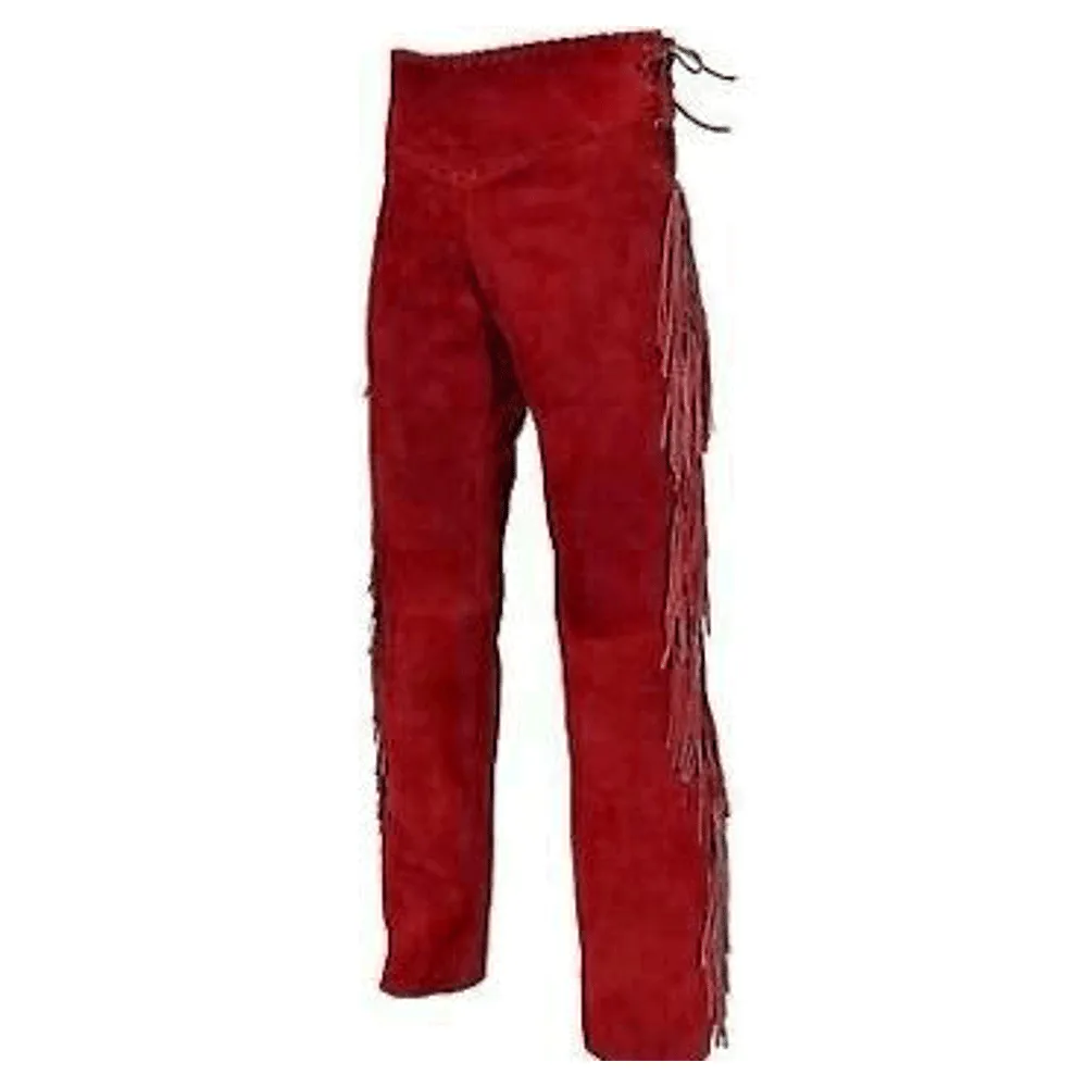Red Suede Leather Fringe Pants For Men Western Pant MFP1123