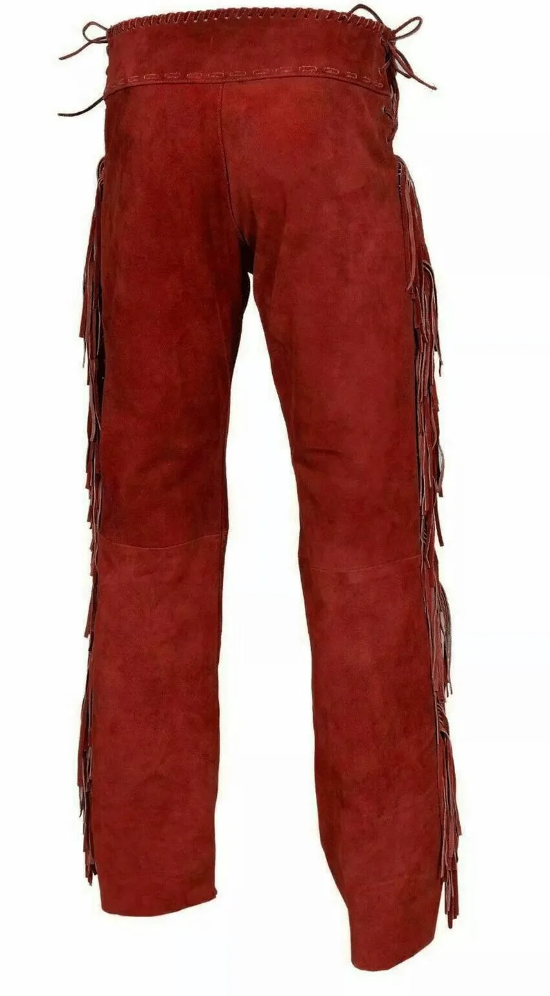 Red Suede Leather Fringe Pants For Men Western Pant MFP1123