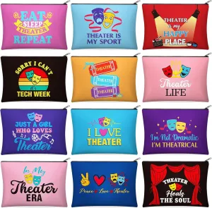 Reginary 12 Pcs Theater Makeup Bags Bulk Theater Gifts for Women Musical Broadway Cosmetic Bags Zipper Pouch Drama Comedy Tragedy Mask Gifts for Theatre Lovers Actors and Students