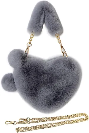 Rejolly Furry Purse for Girls Heart Shaped Fluffy Faux Fur Handbag for Women Soft Small Shoulder Bag Clutch Purse