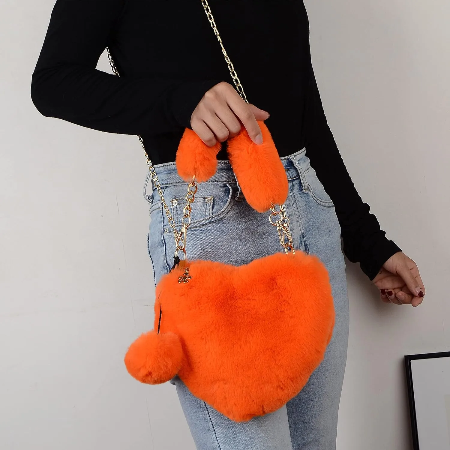 Rejolly Furry Purse for Girls Heart Shaped Fluffy Faux Fur Handbag for Women Soft Small Shoulder Bag Clutch Purse
