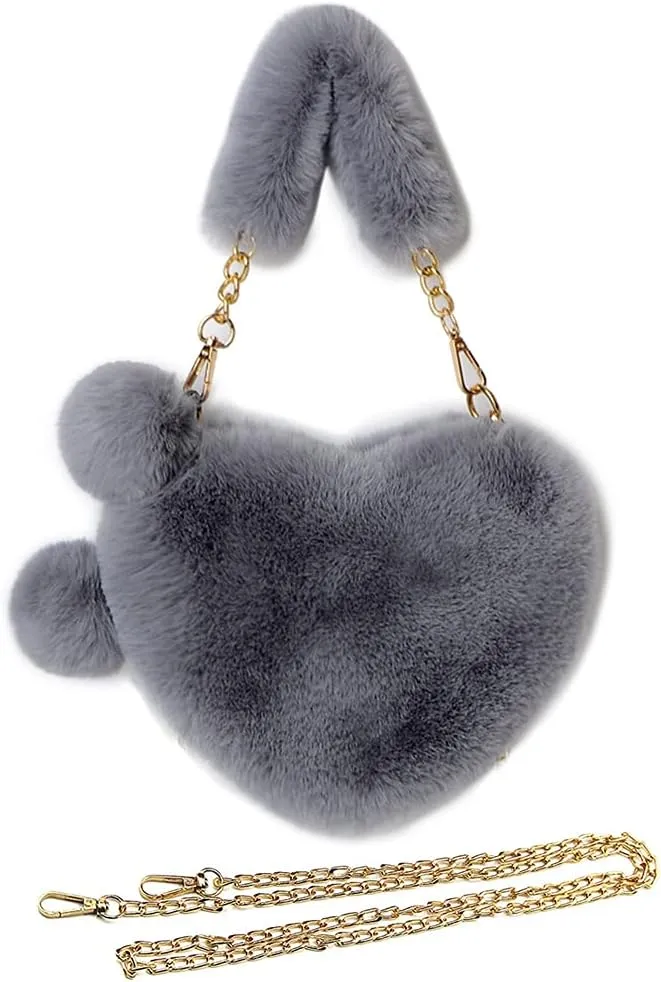 Rejolly Furry Purse for Girls Heart Shaped Fluffy Faux Fur Handbag for Women Soft Small Shoulder Bag Clutch Purse