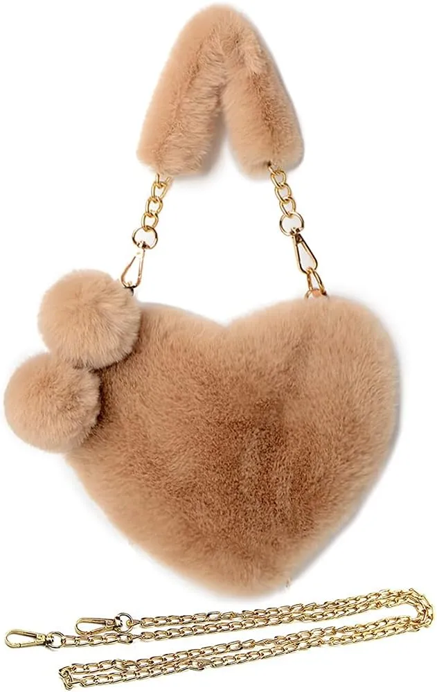 Rejolly Furry Purse for Girls Heart Shaped Fluffy Faux Fur Handbag for Women Soft Small Shoulder Bag Clutch Purse