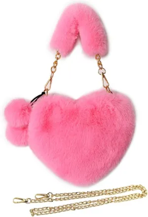 Rejolly Furry Purse for Girls Heart Shaped Fluffy Faux Fur Handbag for Women Soft Small Shoulder Bag Clutch Purse