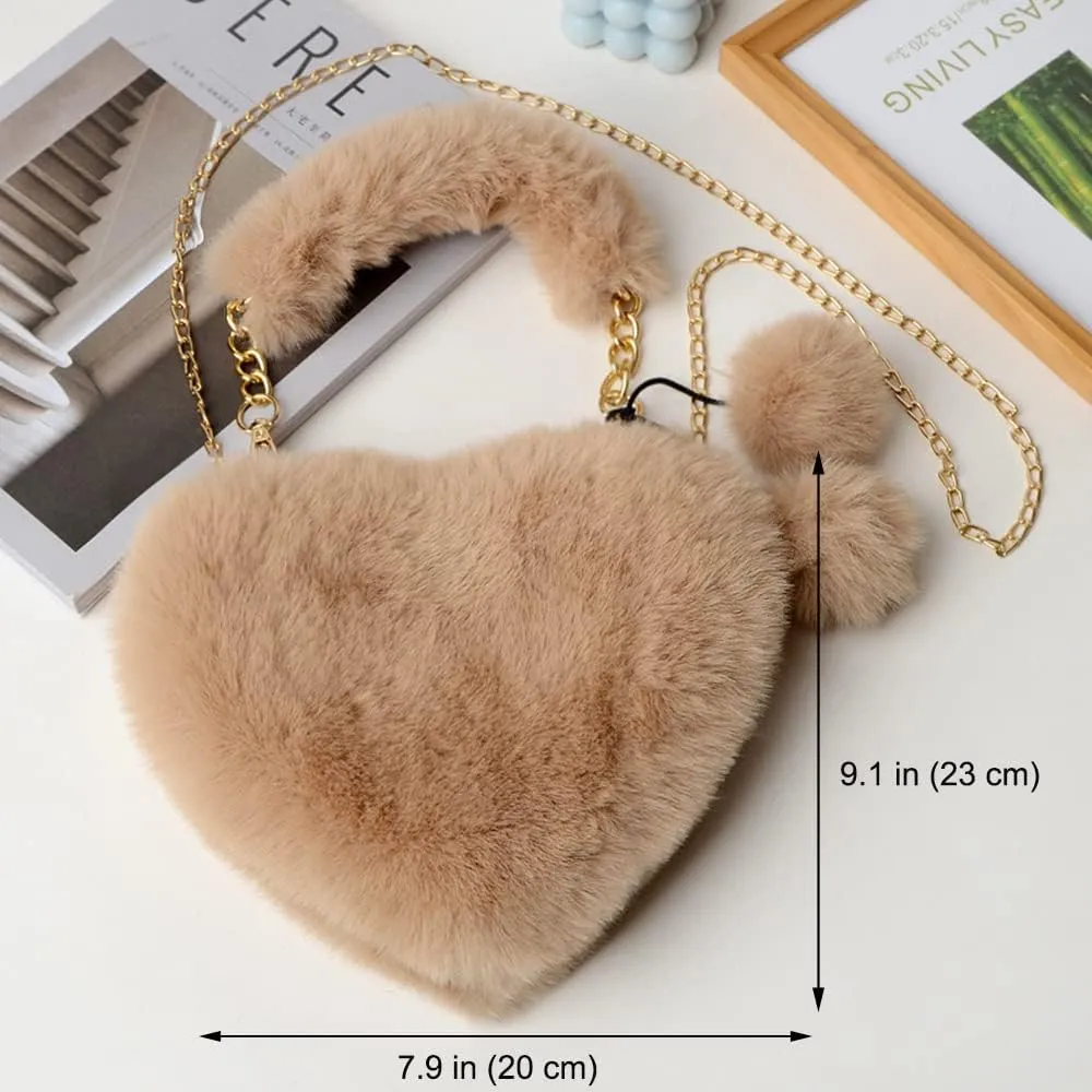 Rejolly Furry Purse for Girls Heart Shaped Fluffy Faux Fur Handbag for Women Soft Small Shoulder Bag Clutch Purse