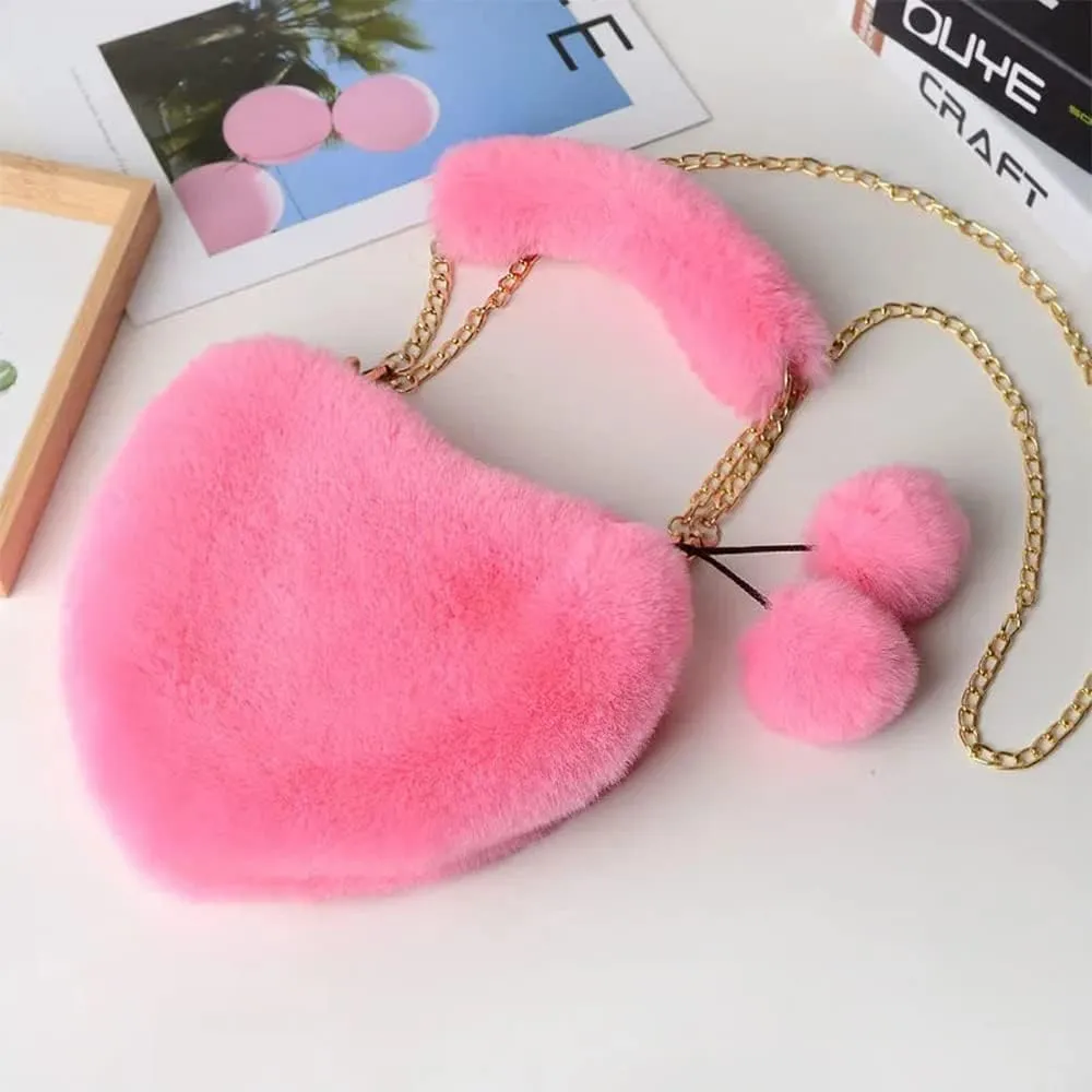 Rejolly Furry Purse for Girls Heart Shaped Fluffy Faux Fur Handbag for Women Soft Small Shoulder Bag Clutch Purse
