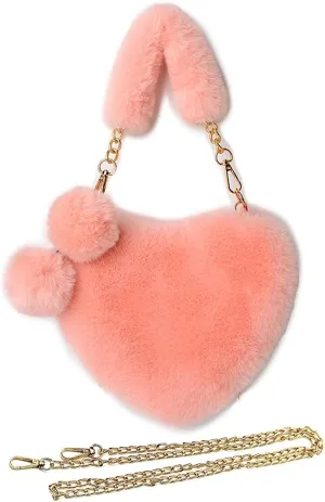 Rejolly Furry Purse for Girls Heart Shaped Fluffy Faux Fur Handbag for Women Soft Small Shoulder Bag Clutch Purse
