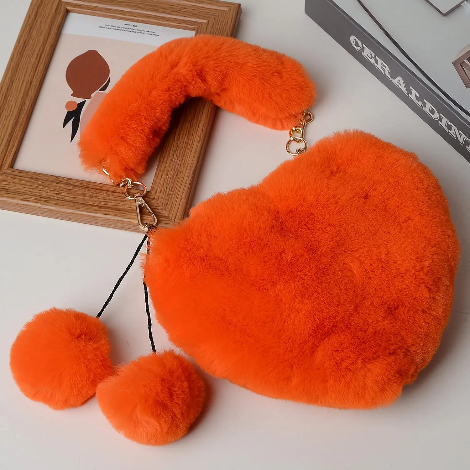 Rejolly Furry Purse for Girls Heart Shaped Fluffy Faux Fur Handbag for Women Soft Small Shoulder Bag Clutch Purse