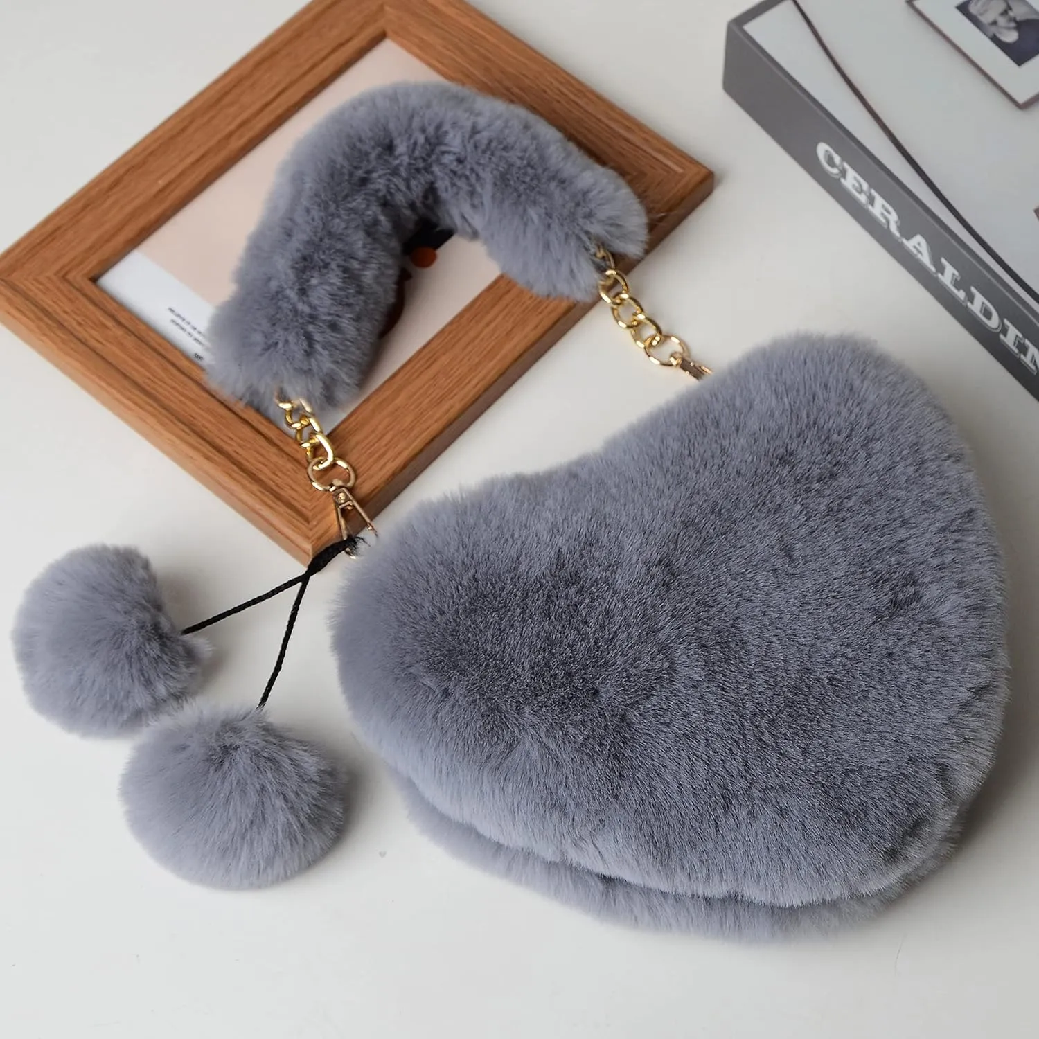 Rejolly Furry Purse for Girls Heart Shaped Fluffy Faux Fur Handbag for Women Soft Small Shoulder Bag Clutch Purse