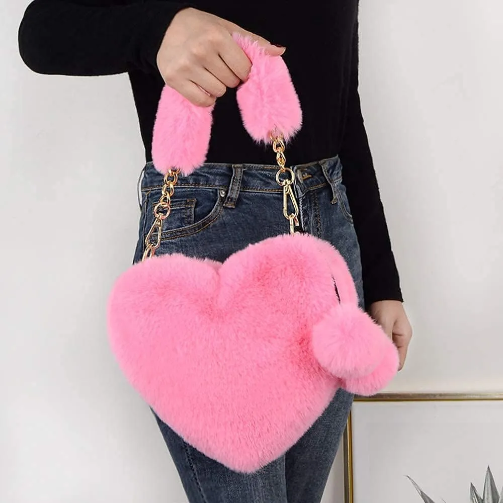Rejolly Furry Purse for Girls Heart Shaped Fluffy Faux Fur Handbag for Women Soft Small Shoulder Bag Clutch Purse