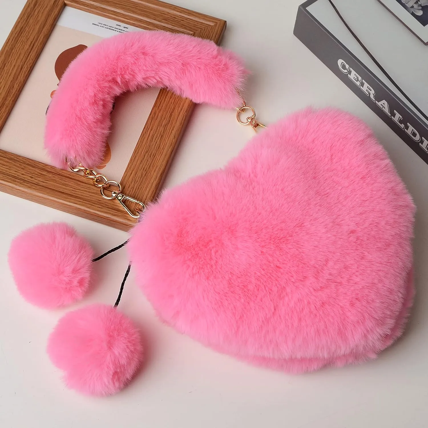 Rejolly Furry Purse for Girls Heart Shaped Fluffy Faux Fur Handbag for Women Soft Small Shoulder Bag Clutch Purse