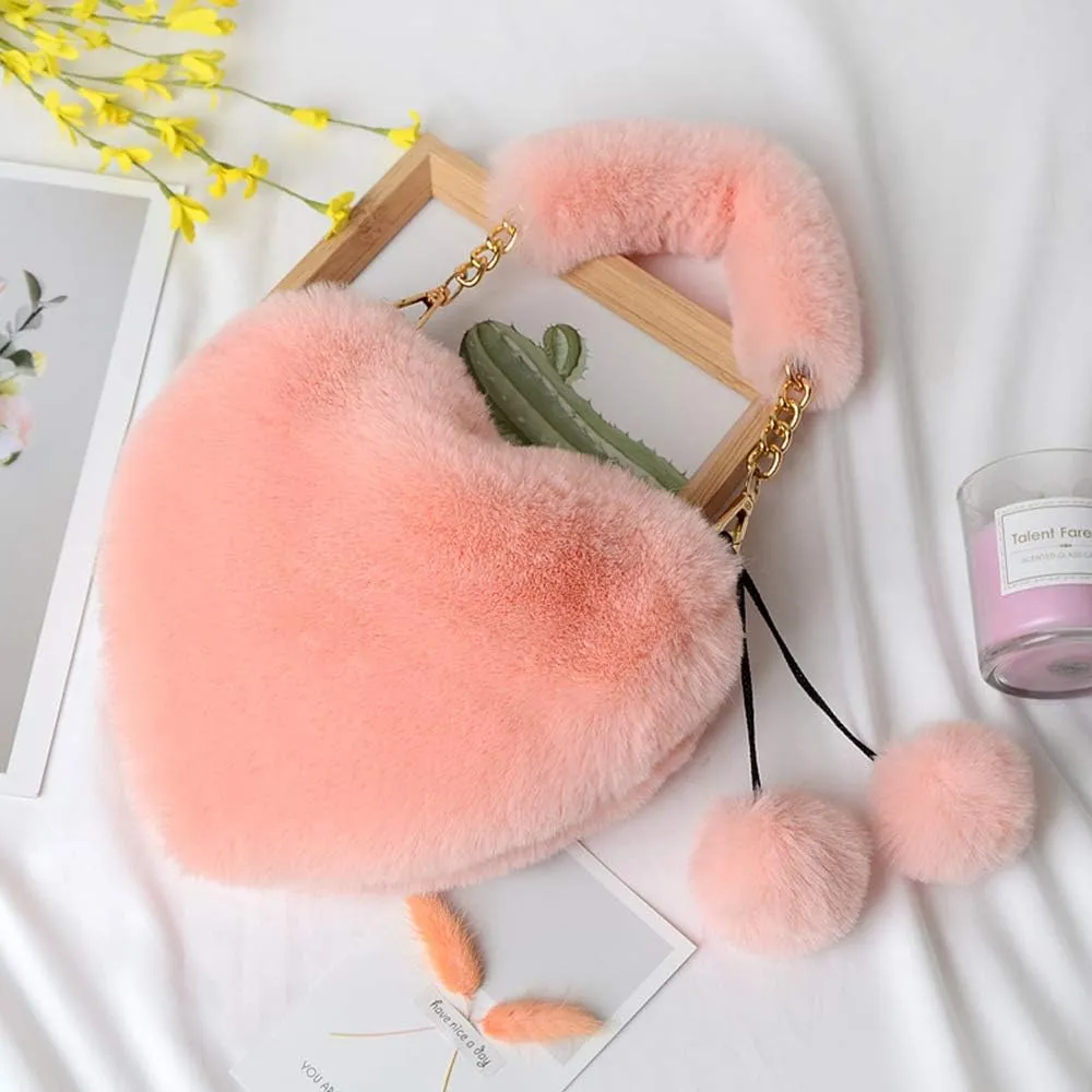 Rejolly Furry Purse for Girls Heart Shaped Fluffy Faux Fur Handbag for Women Soft Small Shoulder Bag Clutch Purse