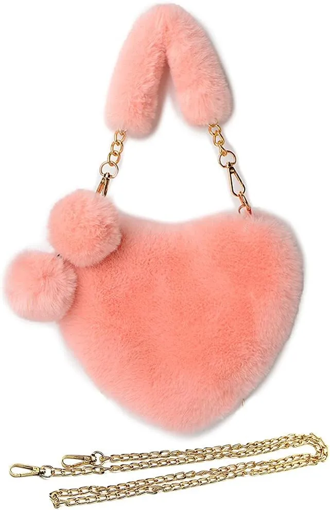 Rejolly Furry Purse for Girls Heart Shaped Fluffy Faux Fur Handbag for Women Soft Small Shoulder Bag Clutch Purse