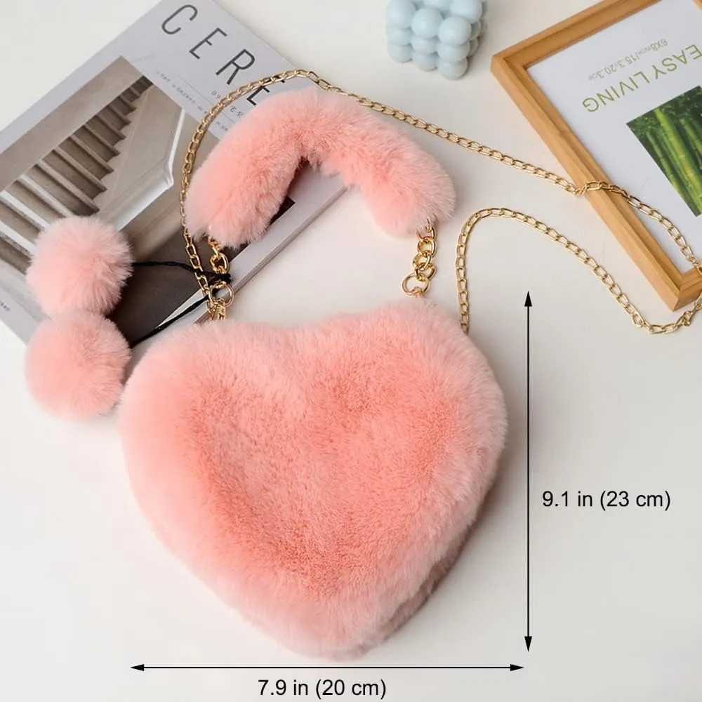 Rejolly Furry Purse for Girls Heart Shaped Fluffy Faux Fur Handbag for Women Soft Small Shoulder Bag Clutch Purse