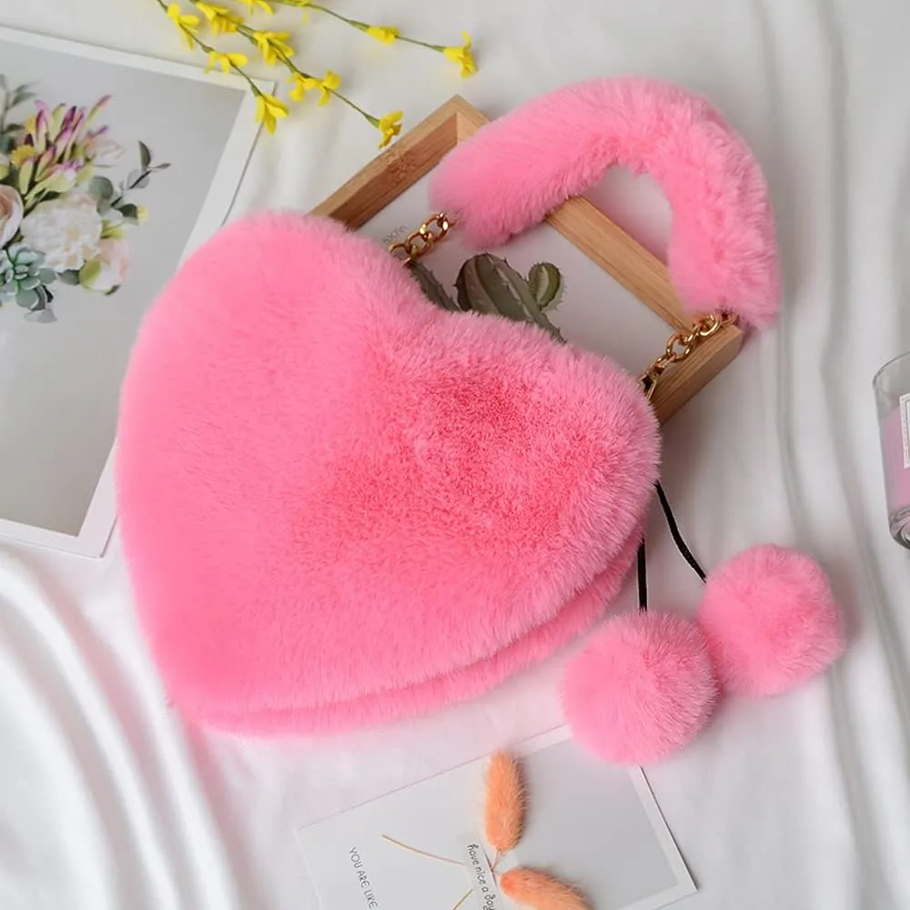 Rejolly Furry Purse for Girls Heart Shaped Fluffy Faux Fur Handbag for Women Soft Small Shoulder Bag Clutch Purse