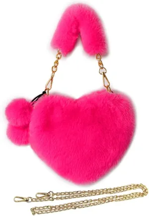 Rejolly Furry Purse for Girls Heart Shaped Fluffy Faux Fur Handbag for Women Soft Small Shoulder Bag Clutch Purse