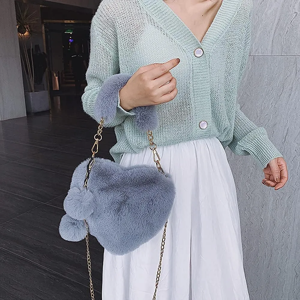 Rejolly Furry Purse for Girls Heart Shaped Fluffy Faux Fur Handbag for Women Soft Small Shoulder Bag Clutch Purse
