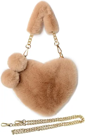 Rejolly Furry Purse for Girls Heart Shaped Fluffy Faux Fur Handbag for Women Soft Small Shoulder Bag Clutch Purse