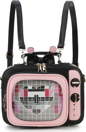 Retro TV Shaped Ita Bag Backpack Small Pin Display Bag with Inserts Cute Ita Crossbody Bag for Enamel Pins Display
