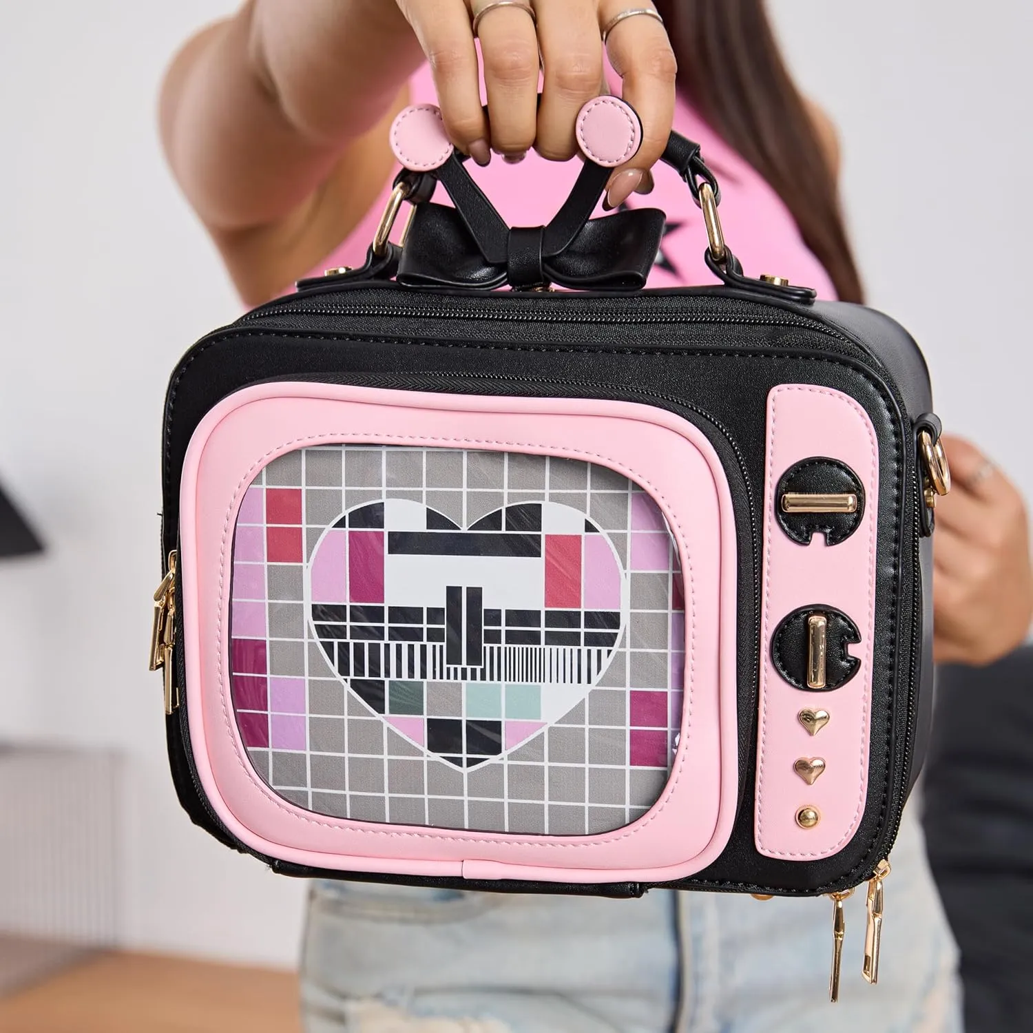 Retro TV Shaped Ita Bag Backpack Small Pin Display Bag with Inserts Cute Ita Crossbody Bag for Enamel Pins Display