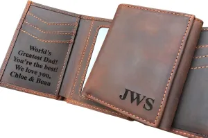 RFID Blocking Personalized Genuine Leather Men's Trifold Wallet Monogrammed with Custom Message Inside, Gifts for Boyfriend Husband Dads Anniversary Christmas Graduation