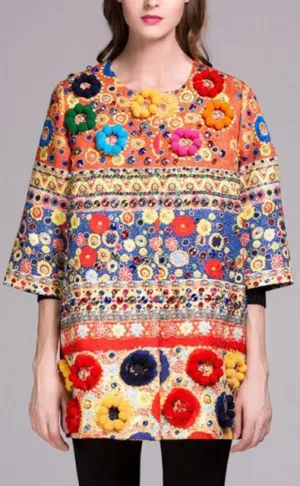 Rhinestone & Pom Pom Embellished Multi Colored Coat