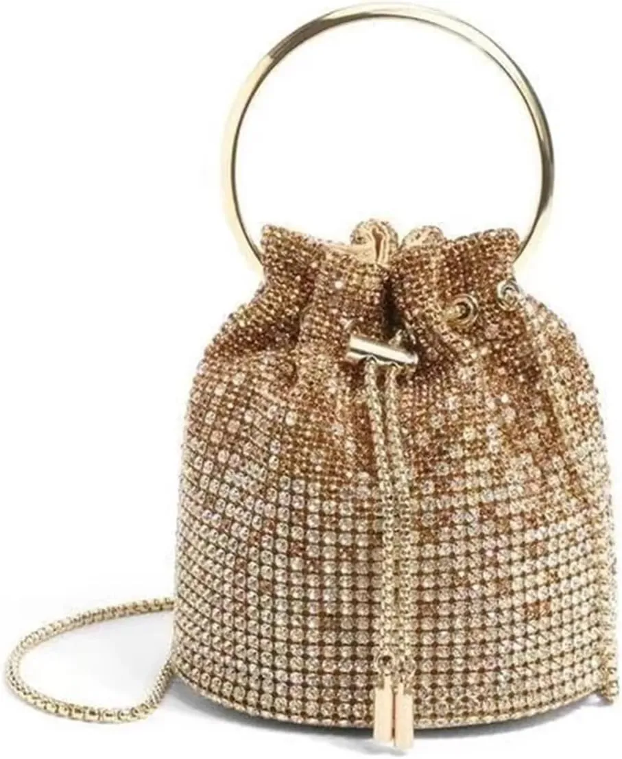Rhinestone Bucket Bag Women Shoulder Handbag Bags Round Women Chain Shiny Crystal Clutch Purse Bag Rhinestones(Gold 2)