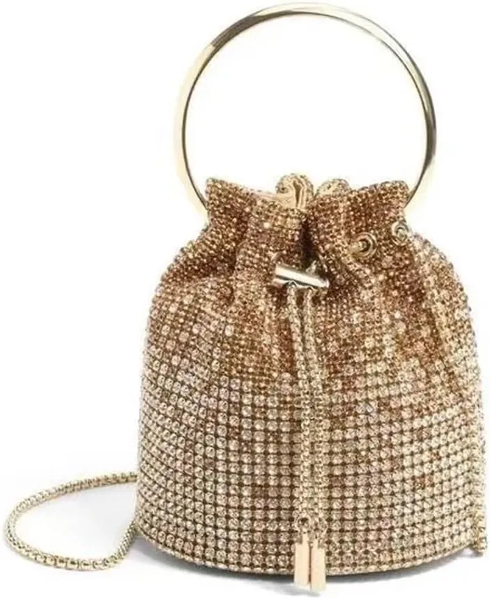 Rhinestone Bucket Bag Women Shoulder Handbag Bags Round Women Chain Shiny Crystal Clutch Purse Bag Rhinestones(Gold 2)
