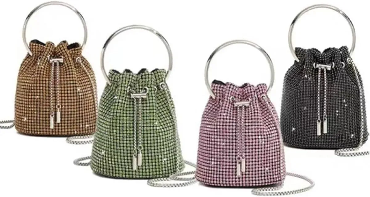 Rhinestone Bucket Bag Women Shoulder Handbag Bags Round Women Chain Shiny Crystal Clutch Purse Bag Rhinestones(Gold 2)