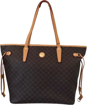 Rioni Signature Brown Designer Canvas Italian Leather Trimmed Tote Shoulder Bag