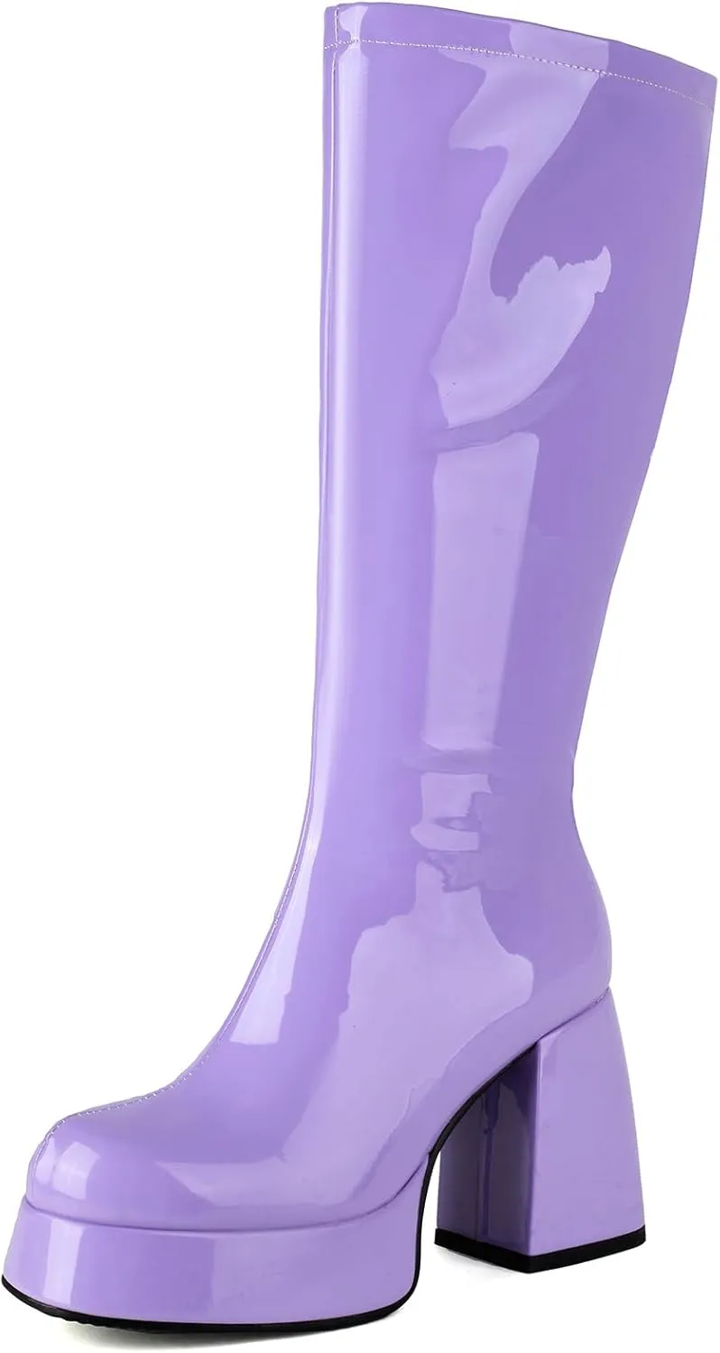 Roimaash Women's Mid-Calf Boots for Women Metallic Patent Platform Boots