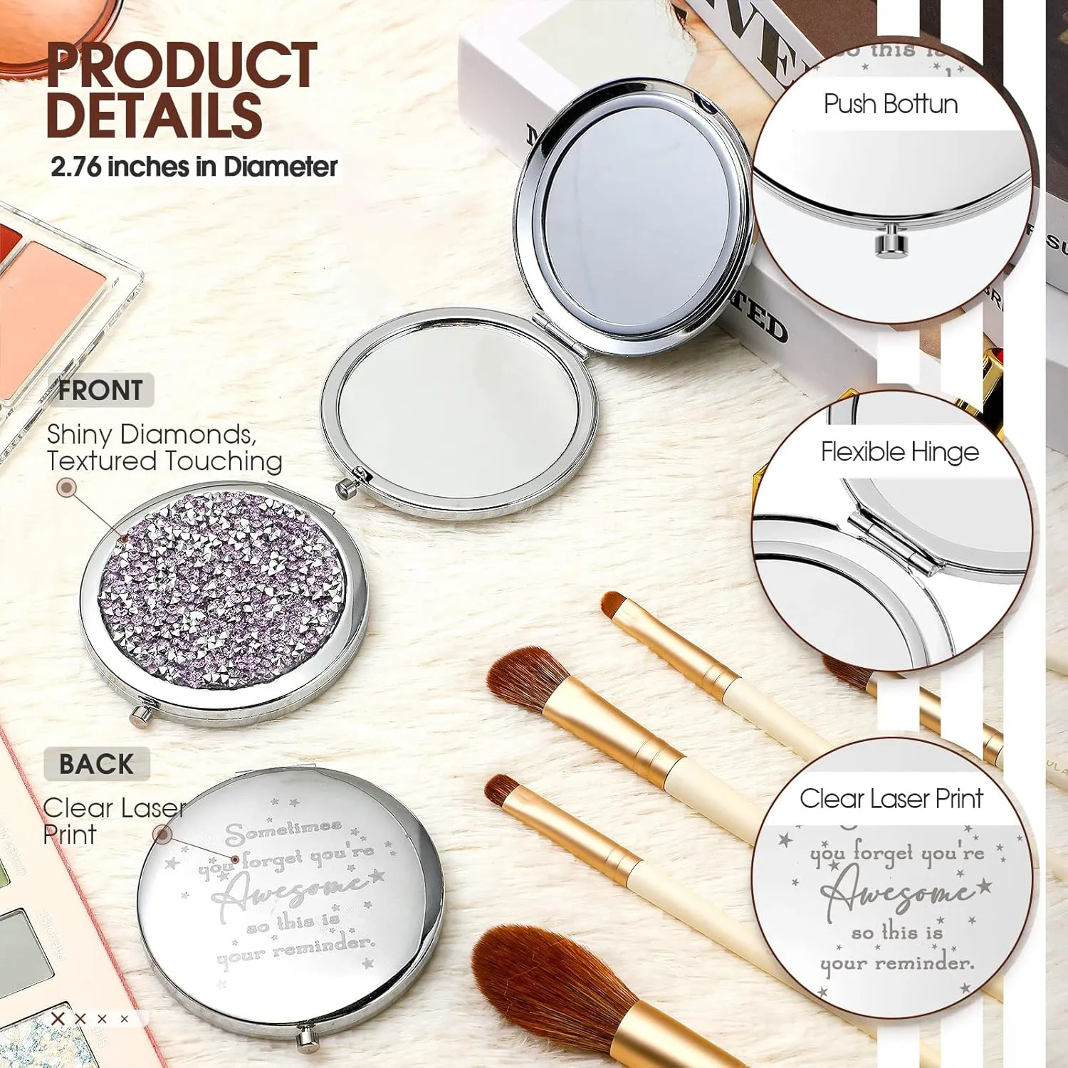 Roowest 30 Pcs Inspirational Compact Mirror Sometimes You Forget You're Awesome Appreciation Gifts for Women Mother's Day Party Favors Magnifying Pocket Mirror (Light Purple)