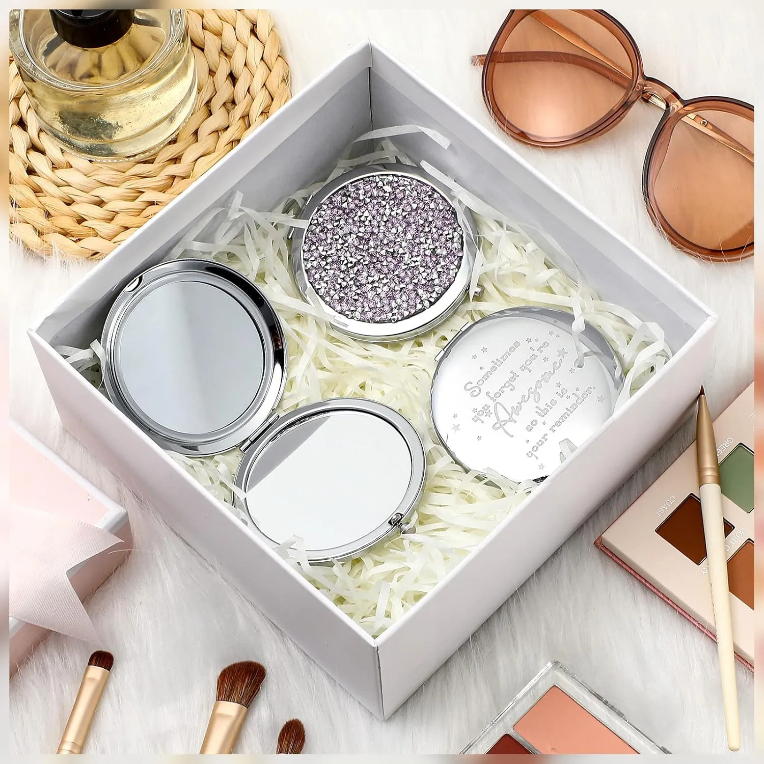 Roowest 30 Pcs Inspirational Compact Mirror Sometimes You Forget You're Awesome Appreciation Gifts for Women Mother's Day Party Favors Magnifying Pocket Mirror (Light Purple)