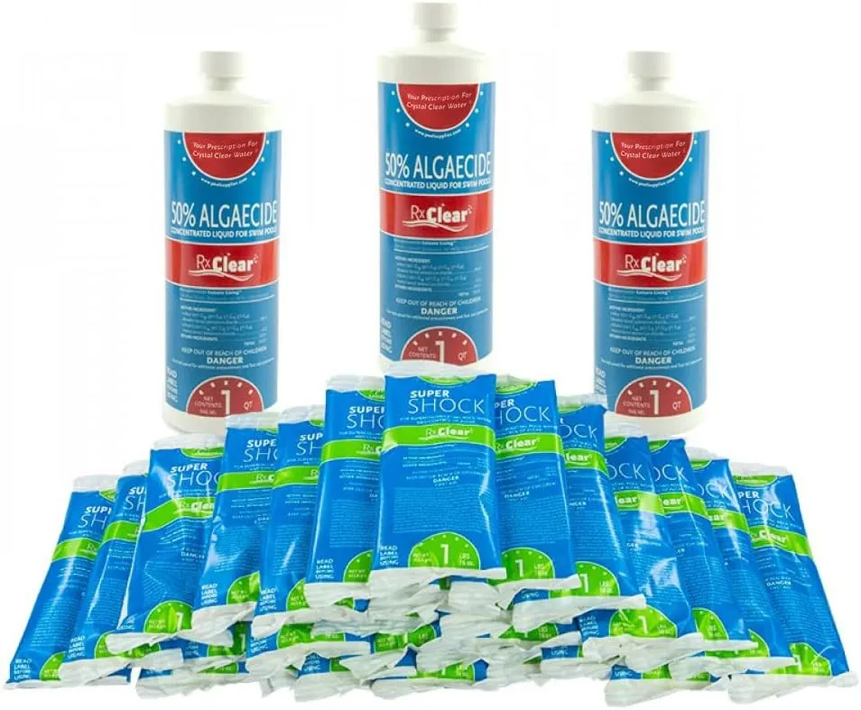 Rx Clear Algae Prevention Maintenance Kit | 3-Month Supply | Three 18 fl. Ounce Bottles of 50% Algaecide | 30 One Pound Bags of Super Shock - 68% Calcium Hypochlorite | for Pools Up to 25,000 Gallons