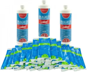Rx Clear Algae Prevention Maintenance Kit | 3-Month Supply | Three 18 fl. Ounce Bottles of 50% Algaecide | 30 One Pound Bags of Super Shock - 68% Calcium Hypochlorite | for Pools Up to 25,000 Gallons