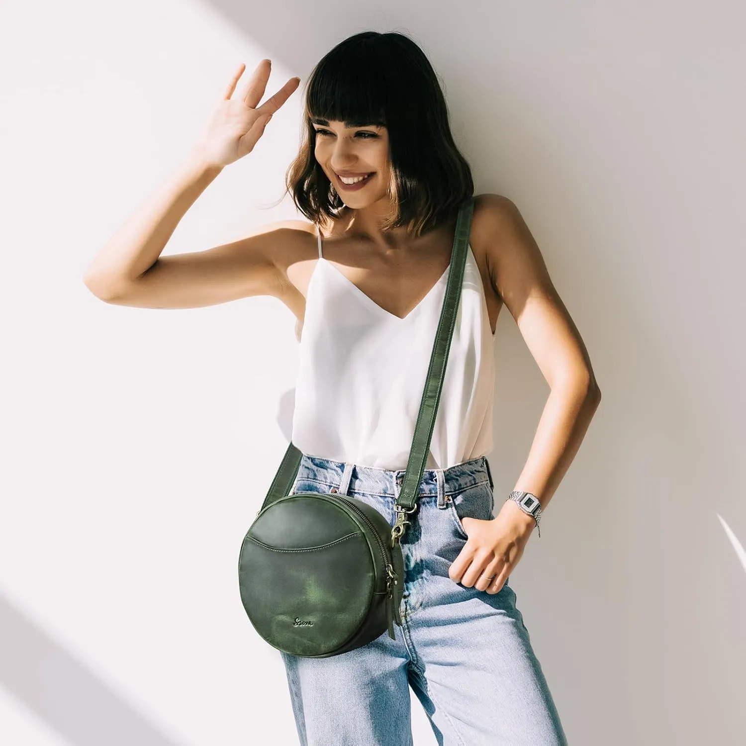 S-ZONE Leather Crossbody Bags for Women Trendy Circle Cross Body Shoulder Bag Designer Round Purses
