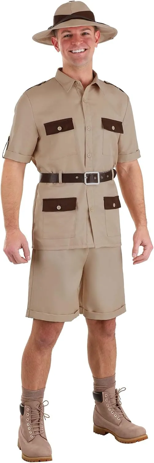 Safari Explorer Costume for Adults - Shirt, Shorts, Hat & Belt with Functional Pockets
